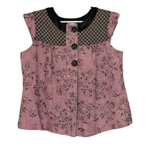 Nick and Mo Top Womens Sz Medium Pink Brown Floral Cap Sleeve Y2K Cottagecore